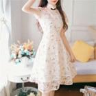 Mandarin Collar Short-sleeve Midi A-line Lace Dress