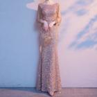 3/4-sleeve Sequined Mermaid Evening Gown