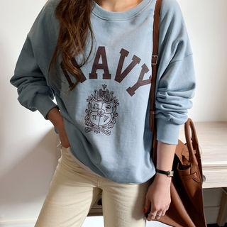 Navy Printed Loose-fit Sweatshirt Sky Blue - One Size