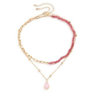 Faux Crystal Pendant Layered Necklace 3208 - Gold - One Size