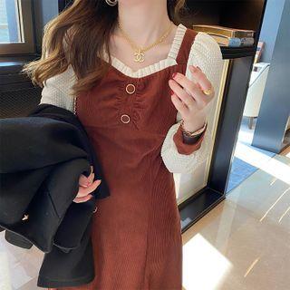 Long-sleeve Frill Trim Corduroy Midi A-line Dress