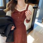 Long-sleeve Frill Trim Corduroy Midi A-line Dress