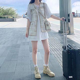Set: Elbow-sleeve T-shirt Dress + Plaid Vest