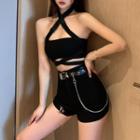 Halter-neck Buckled Cropped Top / Chained Grommet Belt / Cutout Shorts/ Set