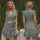 Set: Sleeveless Flower Print Cropped Blouse + Mini A-line Skirt