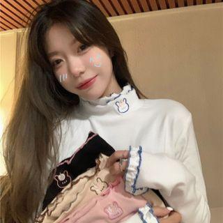 Mock-neck Rabbit Embroidered Long-sleeve T-shirt