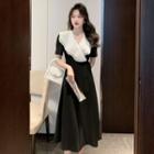 Short Sleeve Ruffled Collar Two Tone A-line Dress