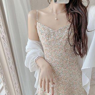 Spaghetti-strap Floral Midi A-line Dress / Chiffon Jacket / Set