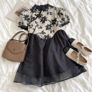 Puff-sleeve Floral Printed Knot Button Mesh Panel Qipao Dress Dress - One Size
