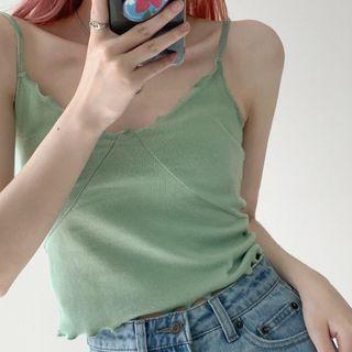 V-neck Wood Ear Trim Plain Panel Sleeveless Top