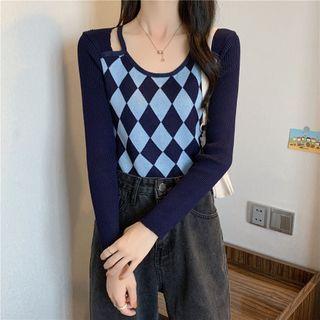 Long-sleeve Mock Two-piece Argyle Print Knit Top