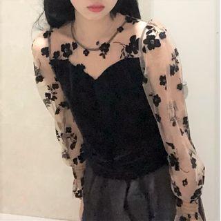 Long-sleeve Floral Print Top Coffee - One Size