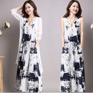 Set: Printed Midi A-line Tank Dress + Cardigan