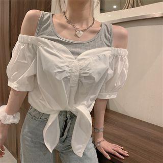 Mock Two-piece Cold-shoulder Short-sleeve Blouse