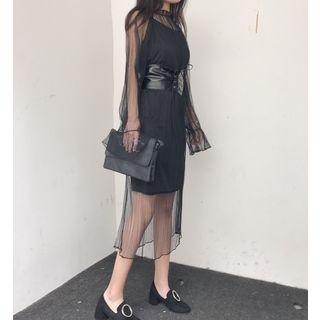 Set : Strap Dress + Bell-sleeve Mesh Dress