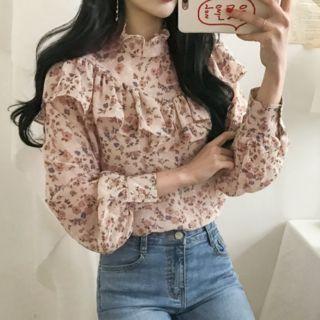 Balloon-sleeve Frill-trim Floral Top