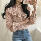 Balloon-sleeve Frill-trim Floral Top
