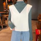 High-neck Plain Knit Top / V-neck Plain Faux Furry Vest