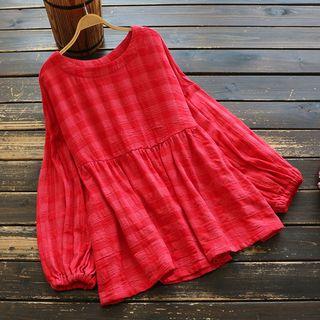 Balloon-sleeve Gingham Peplum Blouse