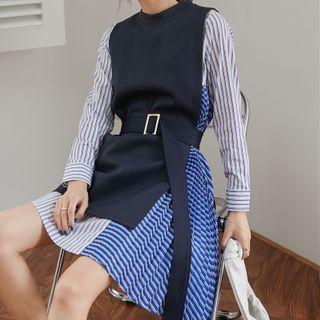 Long-sleeve Paneled Striped Mini A-line Dress