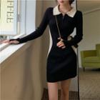 Long-sleeve Zip Mini Sheath Polo Dress Black - One Size