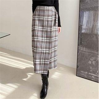 Band-waist Plaid A-line Long Wrap Skirt