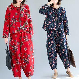 Set: Long-sleeve Floral Print Top + Harem Pants
