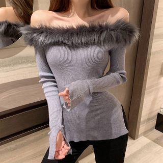 Off-shoulder Fluffy Trim Slit Knit Top / Faux Leather Mini Pencil Skirt