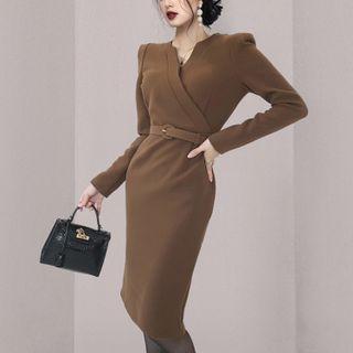 Set: Long-sleeve Wrap Sheath Dress + Belt