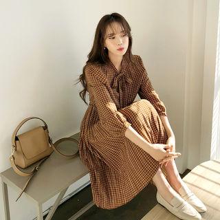 Tie-neck Check Dress Brown - One Size