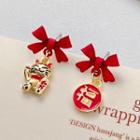 Fortune Cat Chinese Characters Asymmetrical Alloy Dangle Earring