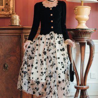 Set: Long-sleeve Velvet Blouse + Mesh Midi A-line Skirt