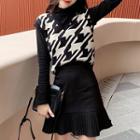 Long-sleeve Mock Neck Top / Houndstooth V-neck Knit Vest / Pleated Hem A-line Skirt