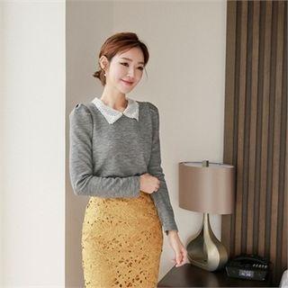 Lace-collar Puff-sleeve Top