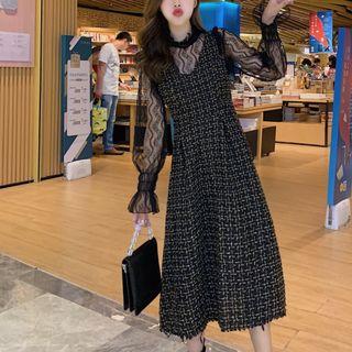 Set: Lace Long-sleeve Top + Sleeveless Tweed Midi A-line Dress