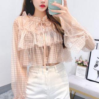 Gingham Mesh Long-sleeve Blouse