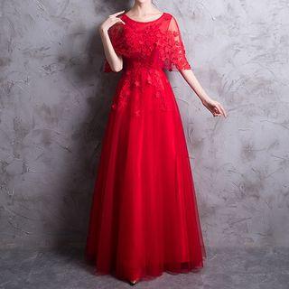 Flower Applique Elbow Sleeve Evening Gown