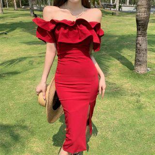 Off-shoulder Ruffled Slit Midi Sheath Dress