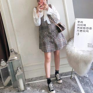 Set: Tie-neck Blouse + Plaid Jumper Dress