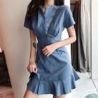 Zip Front Short Sleeve Frill Hem Dress