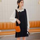 Long-sleeve Paneled Ruffled Pleated Dress