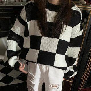 Long-sleeve Round-neck Color-block Plaid Knit Top Plaid - One Size