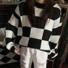 Long-sleeve Round-neck Color-block Plaid Knit Top Plaid - One Size