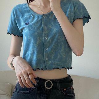 Tie-dye Print Butterfly Embroidered Cropped T-shirt / Mini A-line Dress