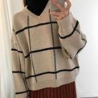 Window Pane Check V-neck Sweater Light Khaki - One Size