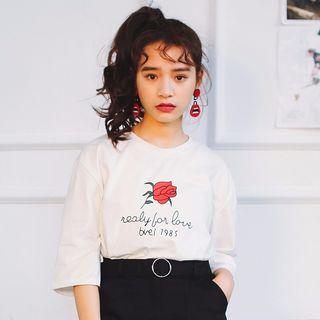 Rose Print Elbow-sleeve T-shirt