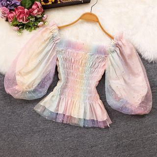 Puff-sleeve Sequin Mesh Shirred Top