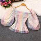 Puff-sleeve Sequin Mesh Shirred Top