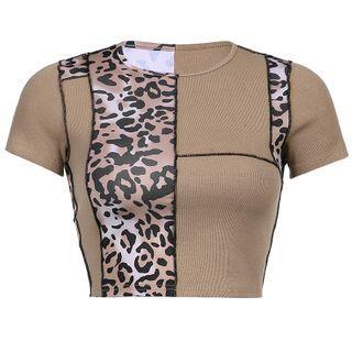 Short-sleeve Leopard Print Paneled T-shirt