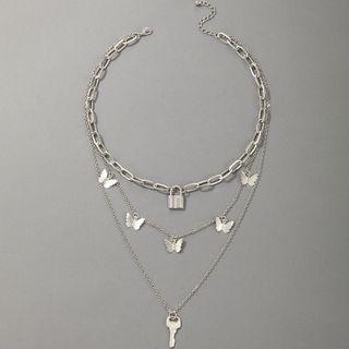 Butterfly Layered Necklace 19160 - Silver - One Size